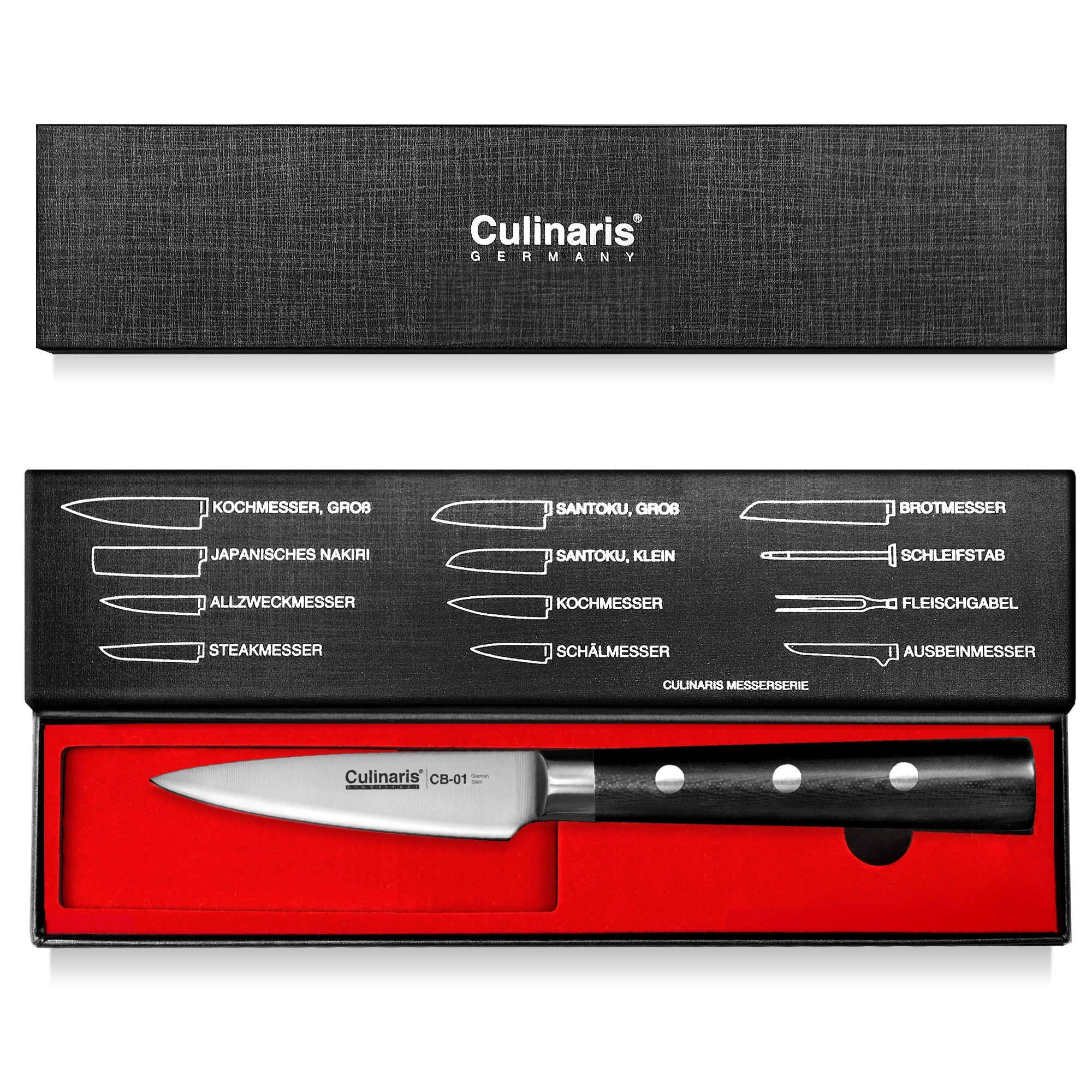 Culinaris - Messer-Set - Santoku, Schälmesser, Allzweckmesser, Magnetleiste Black Serie