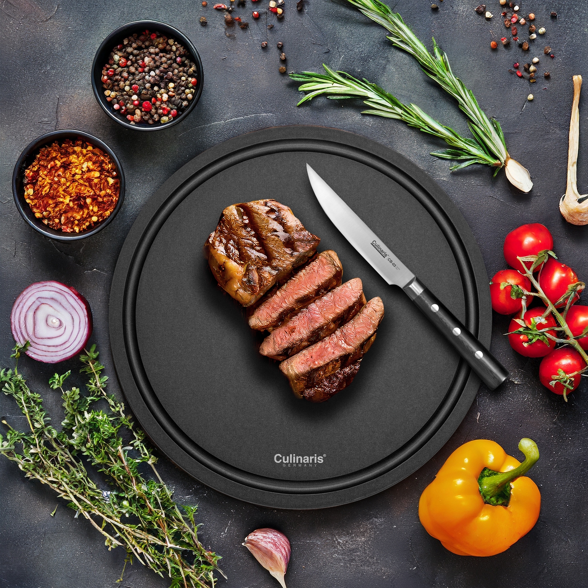 Culinaris - Chopping board NERO - round - Ø 30 x 0,9 cm+ Steak Knife 13,5 cm | CB-03