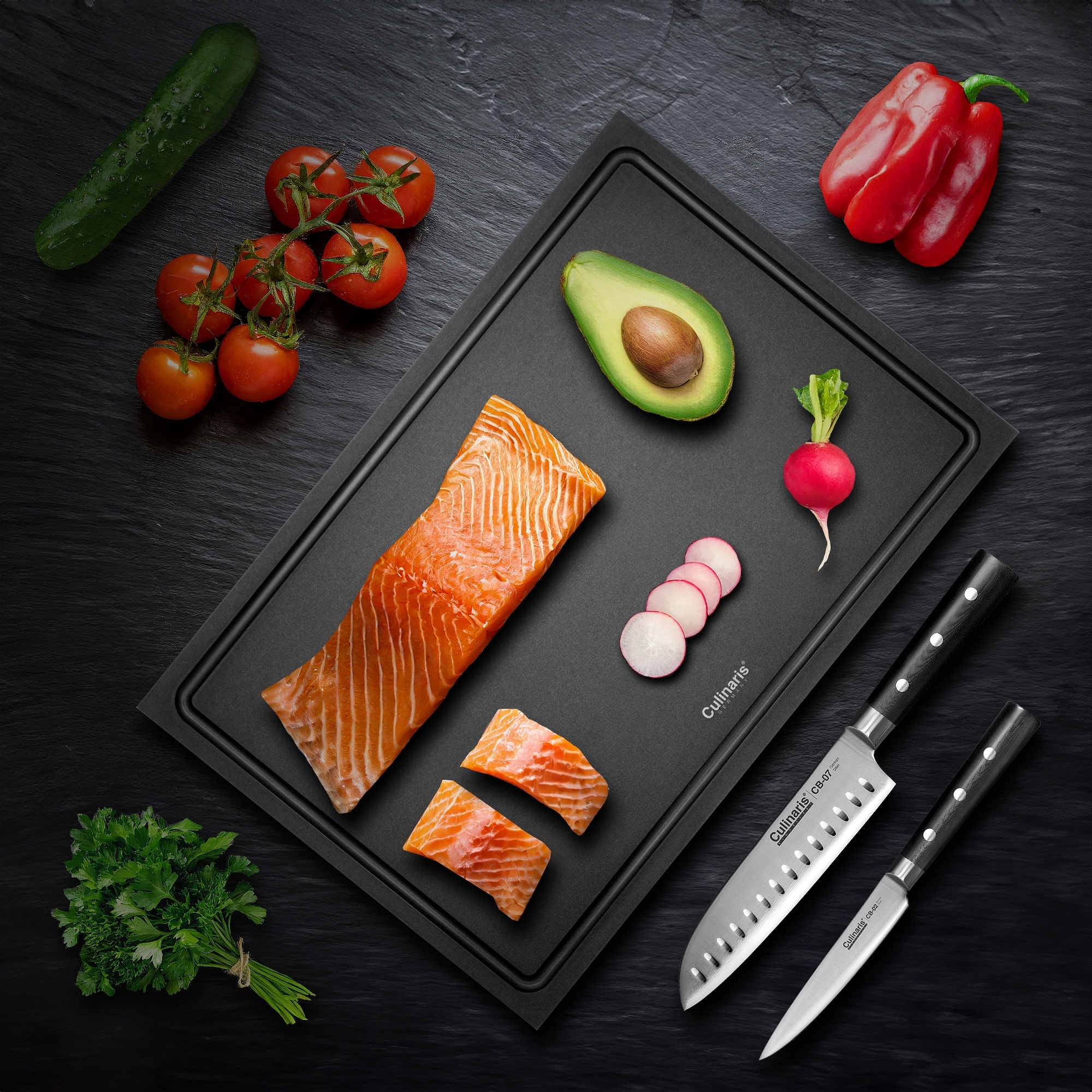 Culinaris - Chopping board NERO - 35 x 25 x 0,9 cm + Utility Knife CB-02 + Santoku CB-07