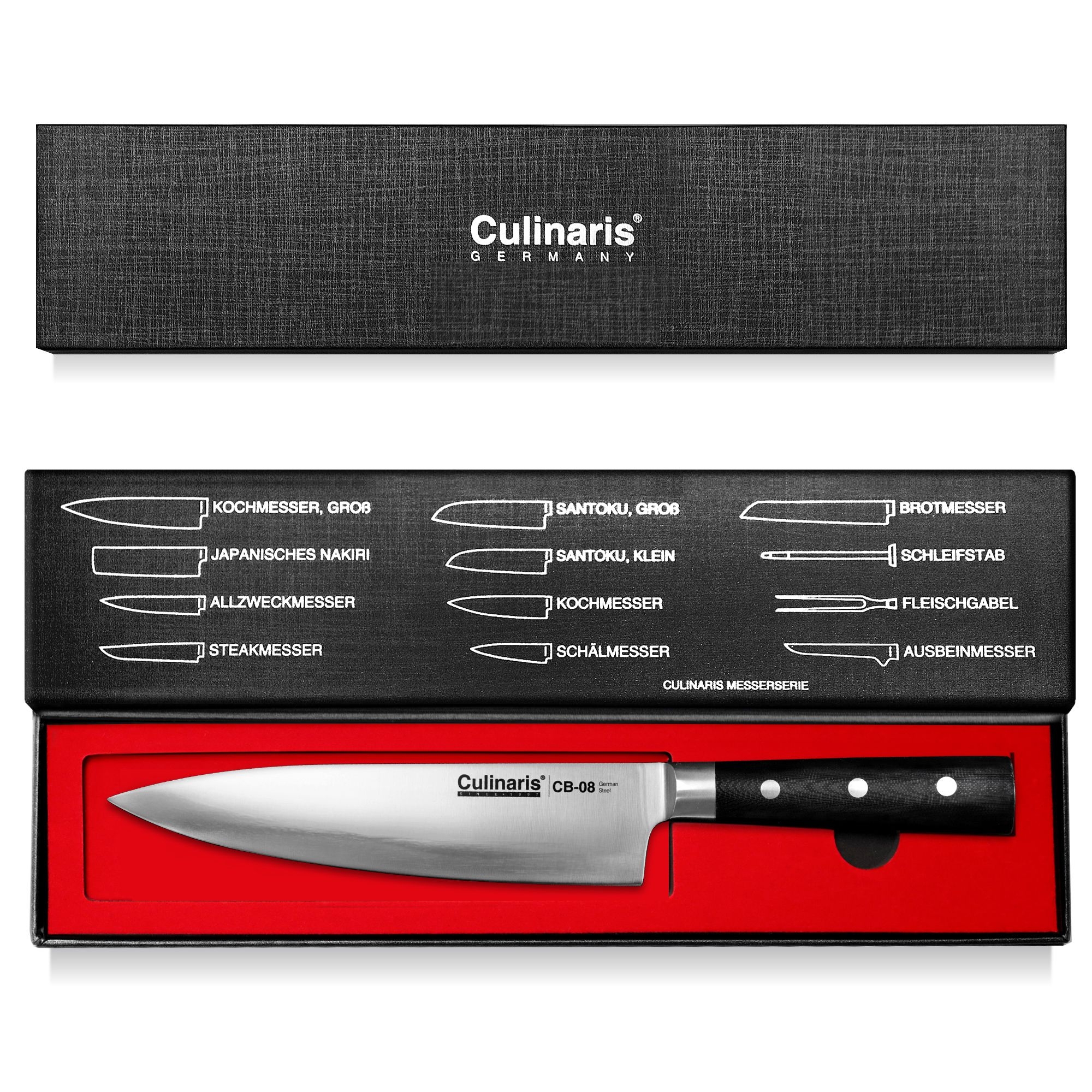 Culinaris - Messer-Set - Kochmesser CB-08 + Santoku CB-04 + Schälmesser CB-01 + Messerblock CB-13 Black Serie